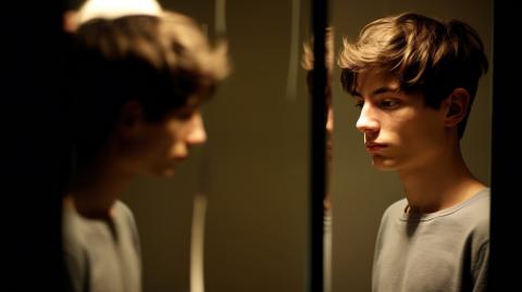 Depressiver junger Mann schaut in Spiegel