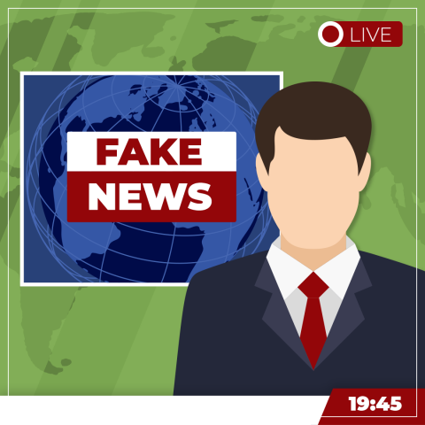 Illustration von einem Nachrichtensprecher in einem Fernsehstudio. Hinter ihm die Weltkugel, darauf groß Fake News geschrieben.