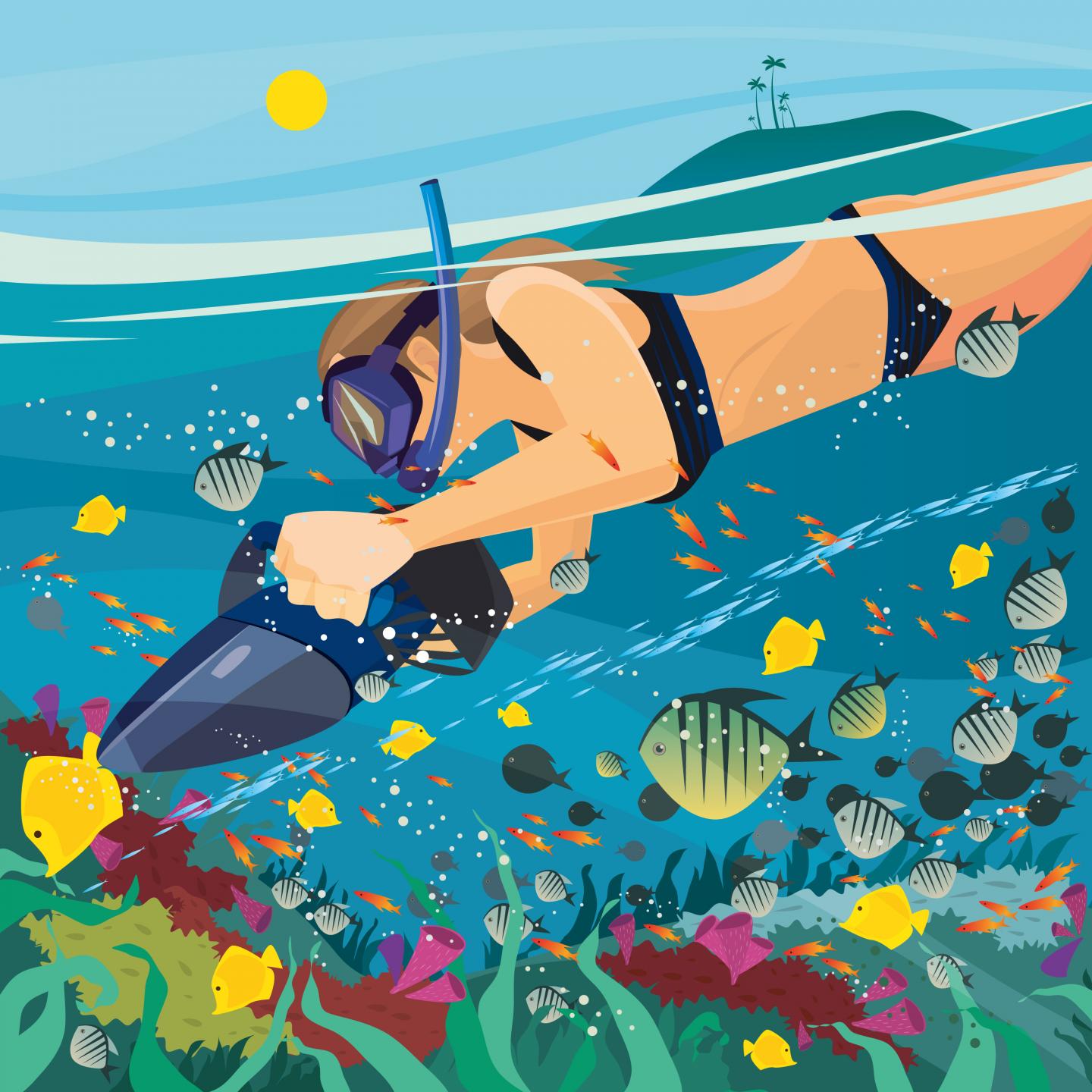 Illustration: Unterwasser taucht eine junge Frau im Bikini mit Schnorchel, Taucherbrille und Sea Scooter