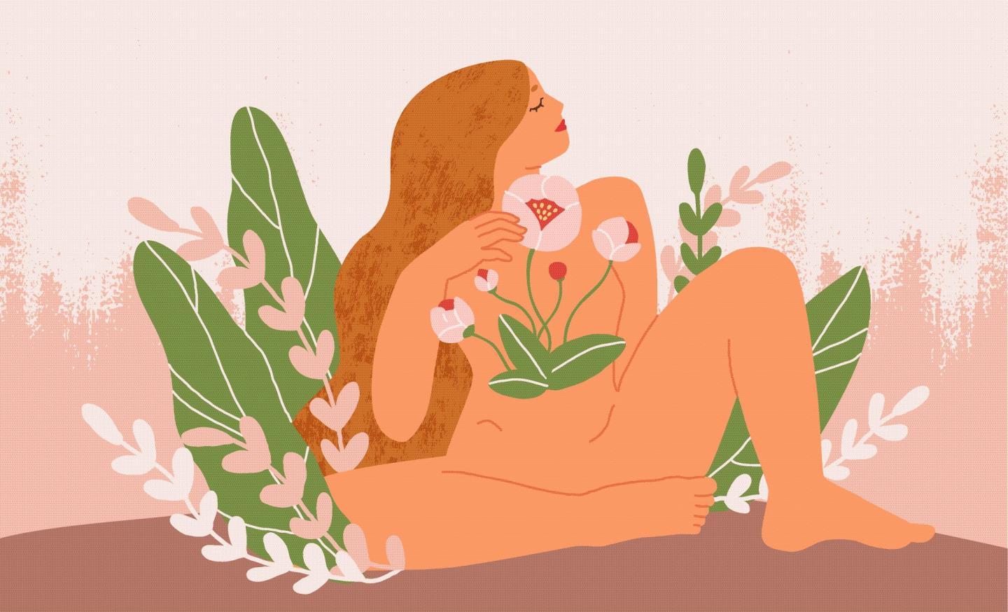 Illustration von Frau mit Blumen, Symbol für Fruchtbarkeit