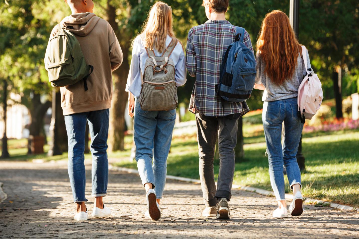 Gruppe junger Menschen auf Parkweg von hinten