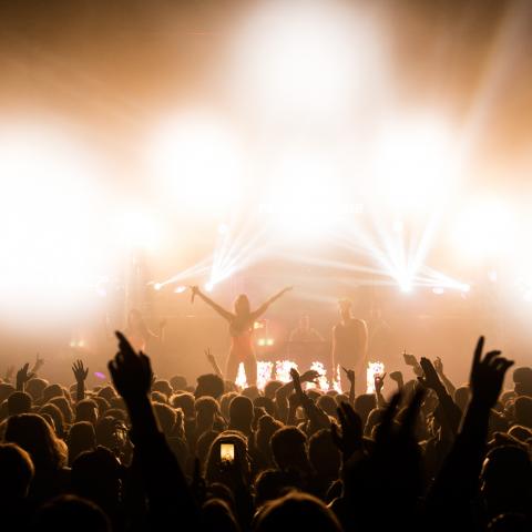 People with hands up in the air on the dance floor during a conc