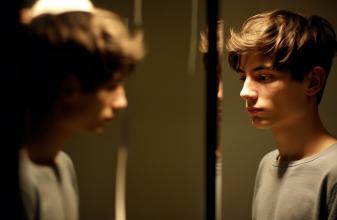 Depressiver junger Mann schaut in Spiegel